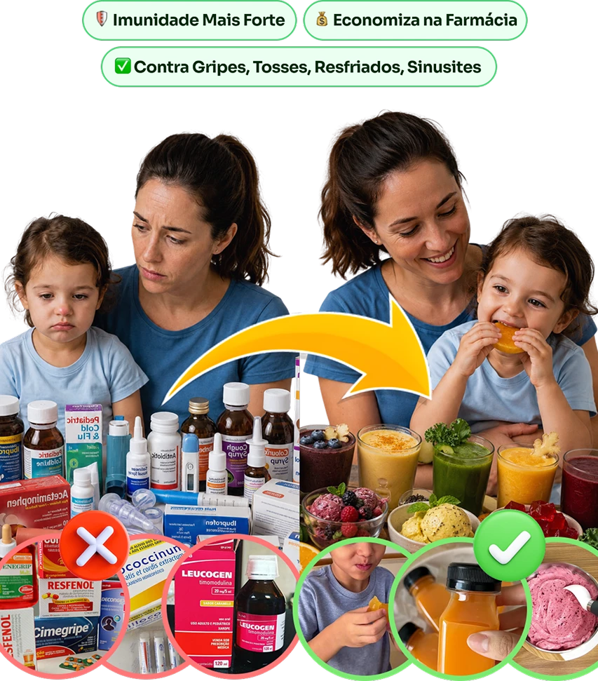 Antes e depois: remédios constantes vs alimentação natural — Farmacinha Natural fortalece a imunidade do seu filho contra gripes, tosses, resfriados e sinusites